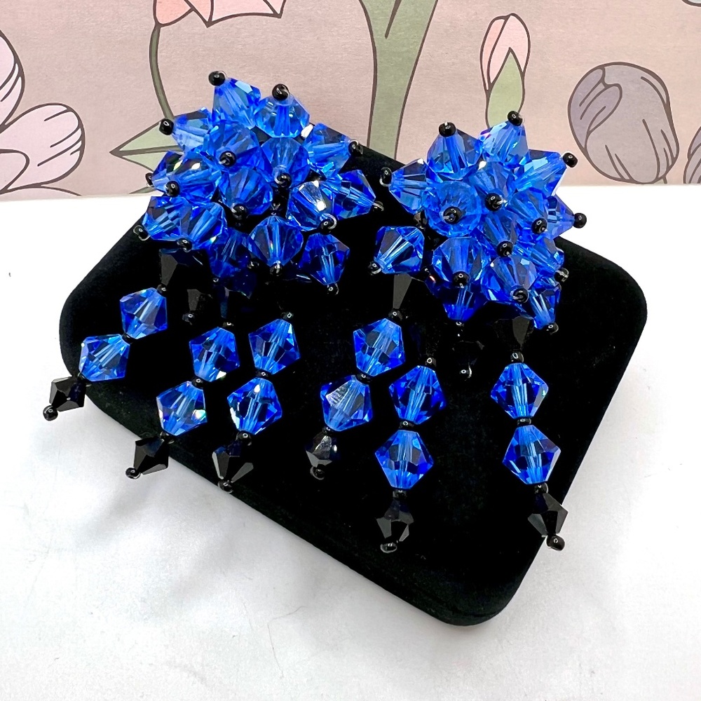 Blue & Black Glass Cluster CLIP Earrings - Picture 3 of 5